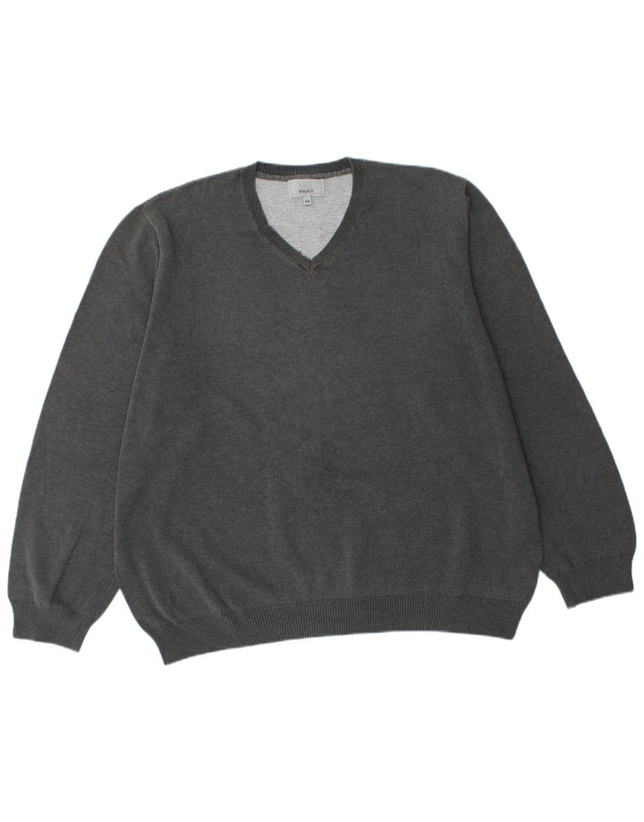 Marks & Spencer Mens Regular Fit V-Neck Jumper Sweater 2XL Grey Cotton