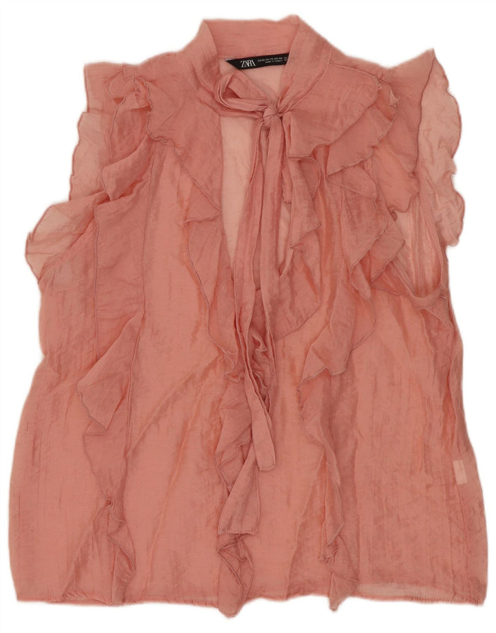 Zara Womens Oversized Sleeveless Ruffle Front Blouse Top UK 6 XS Pink