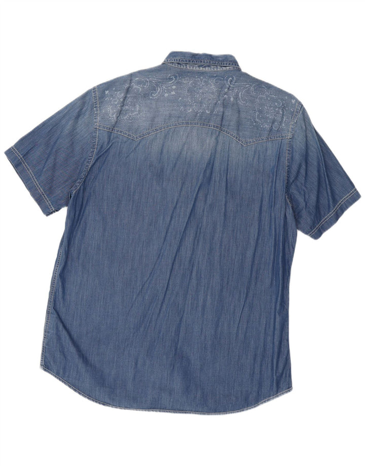 Marlboro Classics Mens Slim Fit Short Sleeve Denim Shirt 3XL Blue Paisley