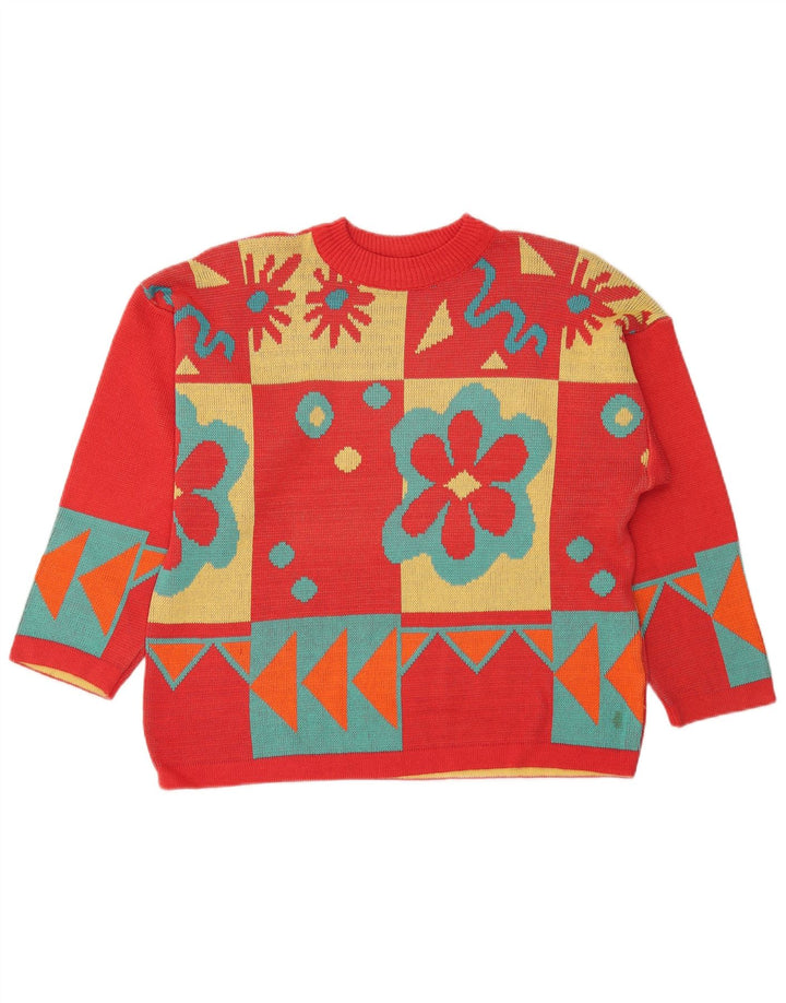 Vintage Womens Crew Neck Jumper Sweater UK 14 Medium Red Geometric