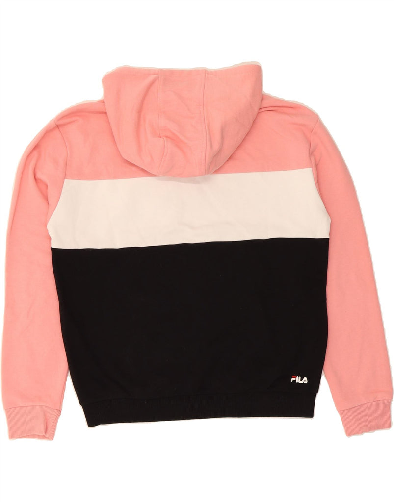 FILA Womens Graphic Hoodie Jumper UK 16 Large Pink Colourblock Cotton Vintage Fila and Second-Hand Fila from Messina Hembry 