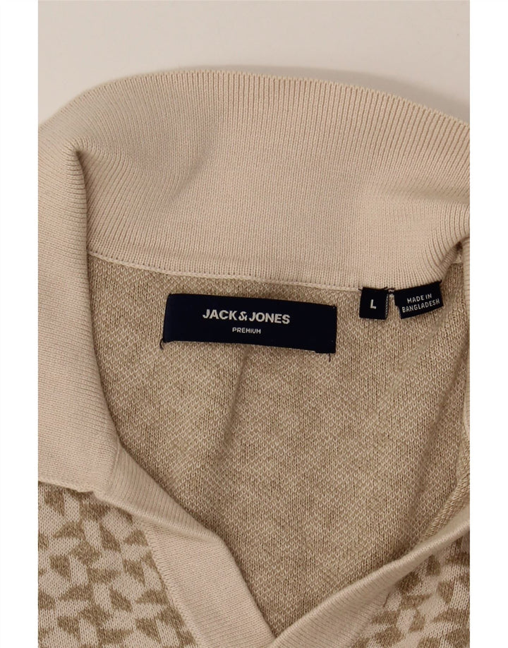 JACK & JONES Mens Polo Neck Jumper Sweater Large Beige Geometric Vintage Jack & Jones and Second-Hand Jack & Jones from Messina Hembry 