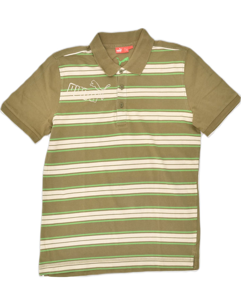 PUMA Mens Graphic Polo Shirt Small Khaki Striped Cotton | Vintage Puma | Thrift | Second-Hand Puma | Used Clothing | Messina Hembry 