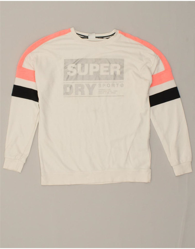 SUPERDRY Womens Graphic Sweatshirt Jumper UK 10 Small  White Colourblock Vintage Superdry and Second-Hand Superdry from Messina Hembry 