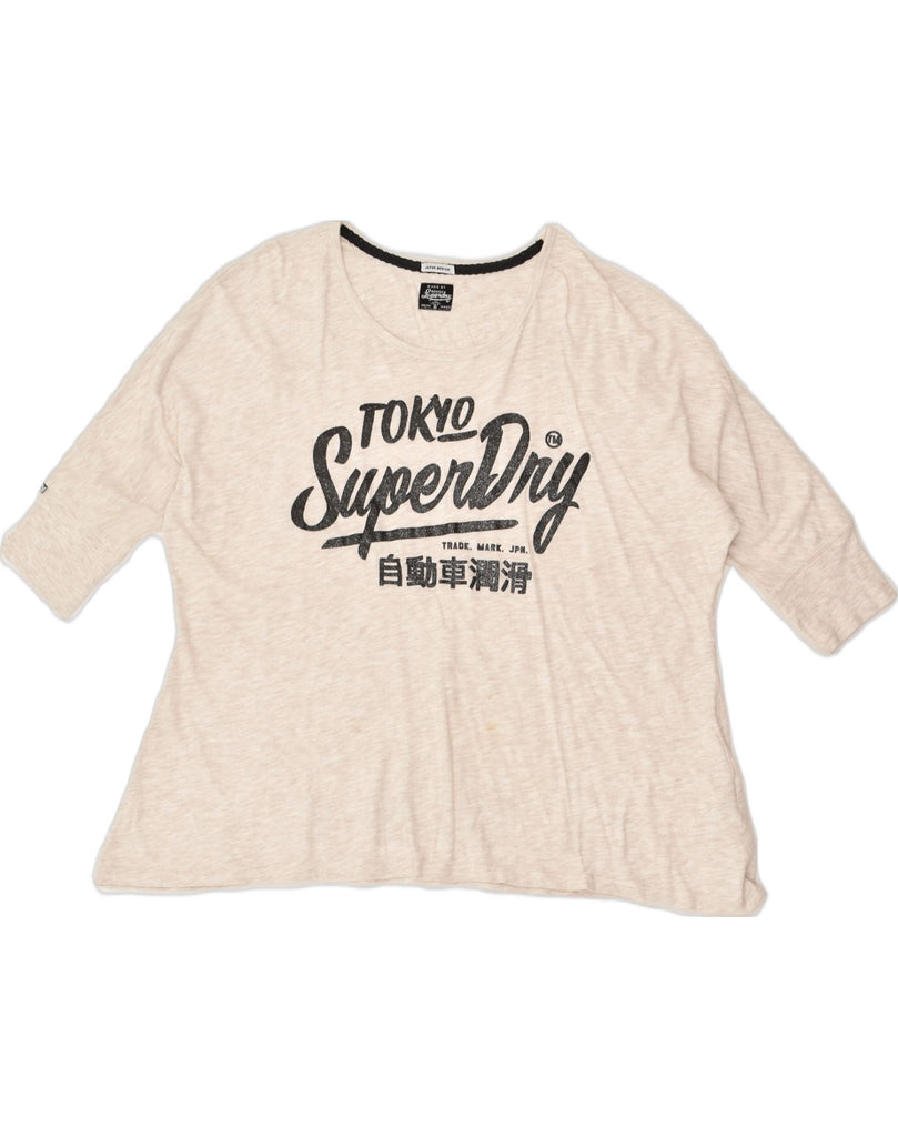 SUPERDRY Womens Oversized Graphic Top 3/4 Sleeve UK 14 Medium Beige Cotton | Vintage Superdry | Thrift | Second-Hand Superdry | Used Clothing | Messina Hembry 