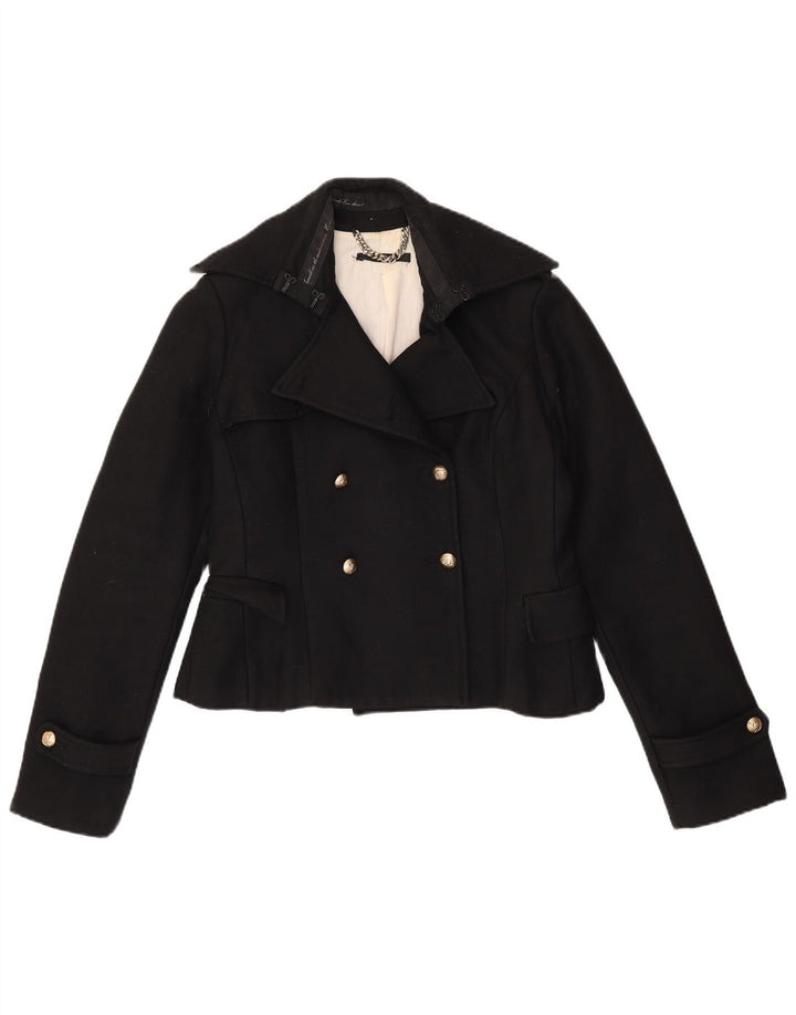 ELISABETTA FRANCHI Womens Celyn B Pea Coat IT 46 Large Black Virgin Wool