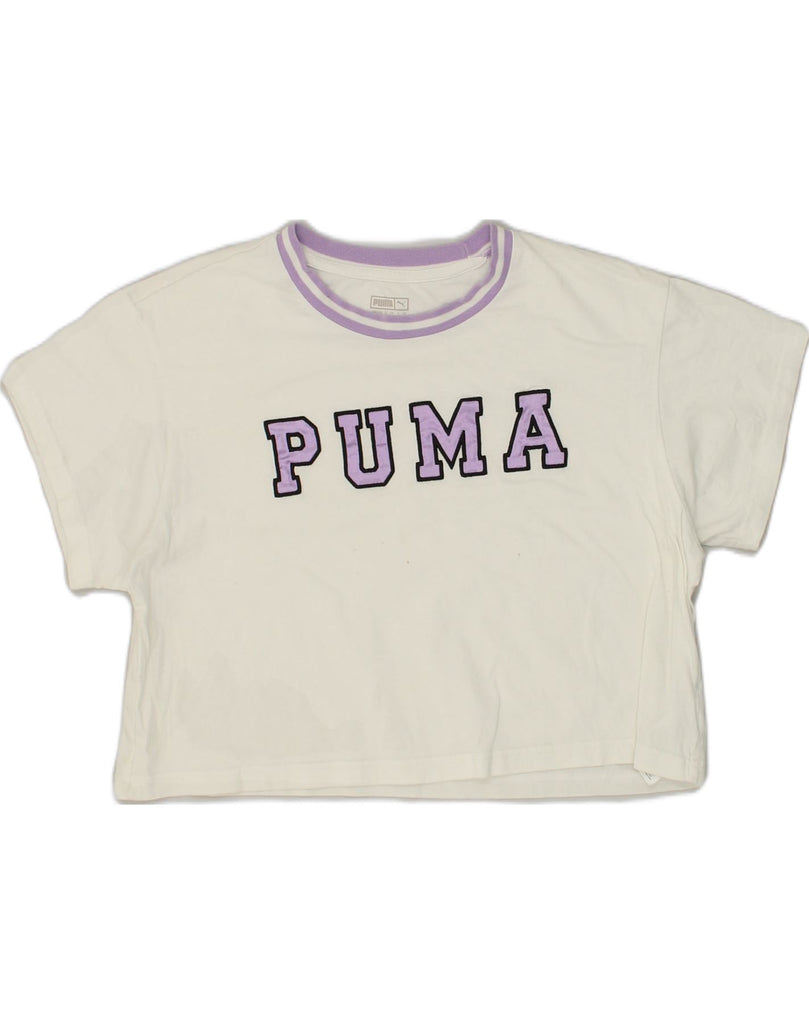 PUMA Womens Oversized Graphic Crop Top UK 12 Medium White Cotton | Vintage Puma | Thrift | Second-Hand Puma | Used Clothing | Messina Hembry 