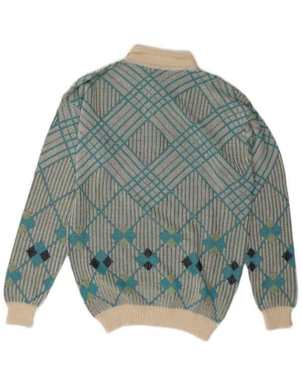 Vintage Mens Polo Neck Jumper Sweater Medium Blue Geometric