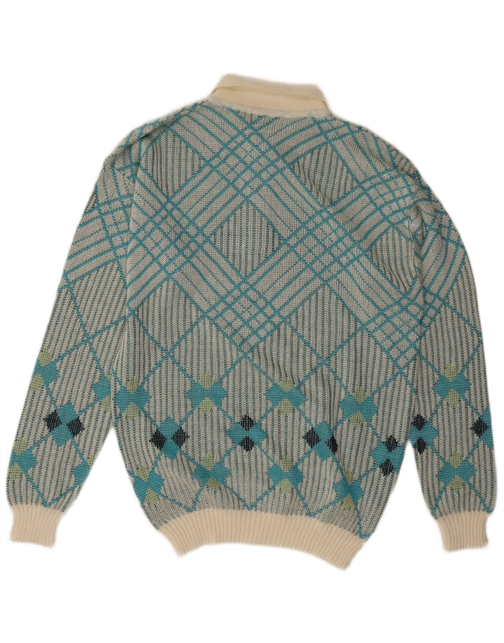 Vintage Mens Polo Neck Jumper Sweater Medium Blue Geometric