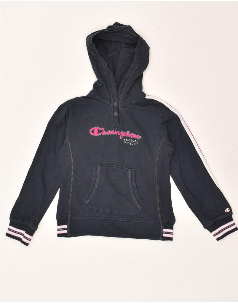 CHAMPION Girls Graphic Hoodie Jumper 7-8 Years Small Navy Blue Cotton | Vintage Champion | Thrift | Second-Hand Champion | Used Clothing | Messina Hembry 