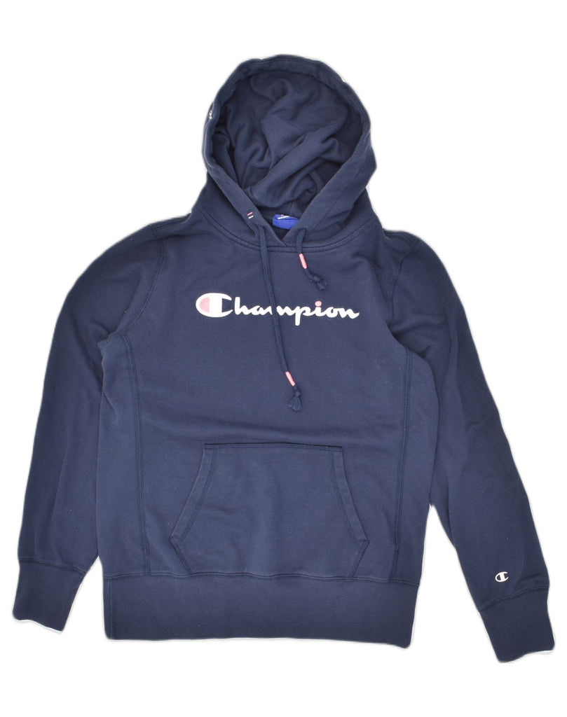 CHAMPION Womens Graphic Hoodie Jumper UK 18 XL  Navy Blue Cotton | Vintage Champion | Thrift | Second-Hand Champion | Used Clothing | Messina Hembry 