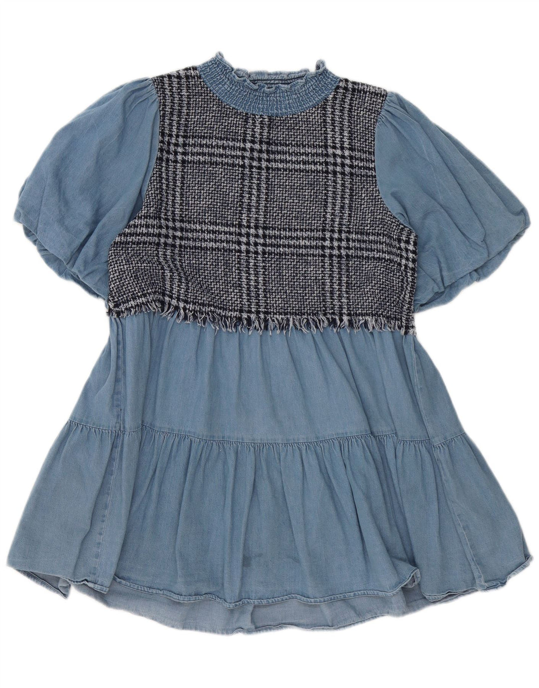 Zara Womens Tiered Dress UK 10 Small Blue Check Cotton