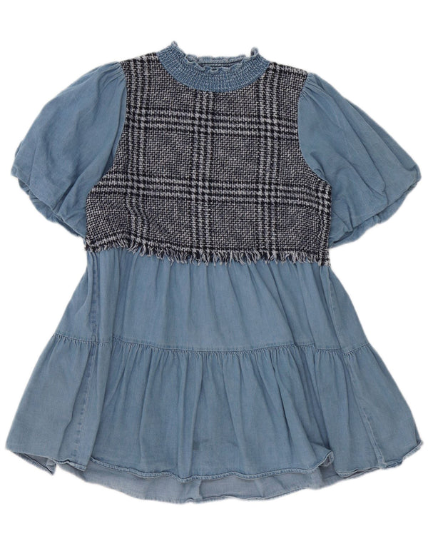 Zara Womens Tiered Dress UK 10 Small Blue Check Cotton