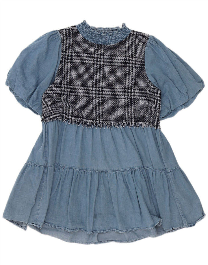 Zara Womens Tiered Dress UK 10 Small Blue Check Cotton