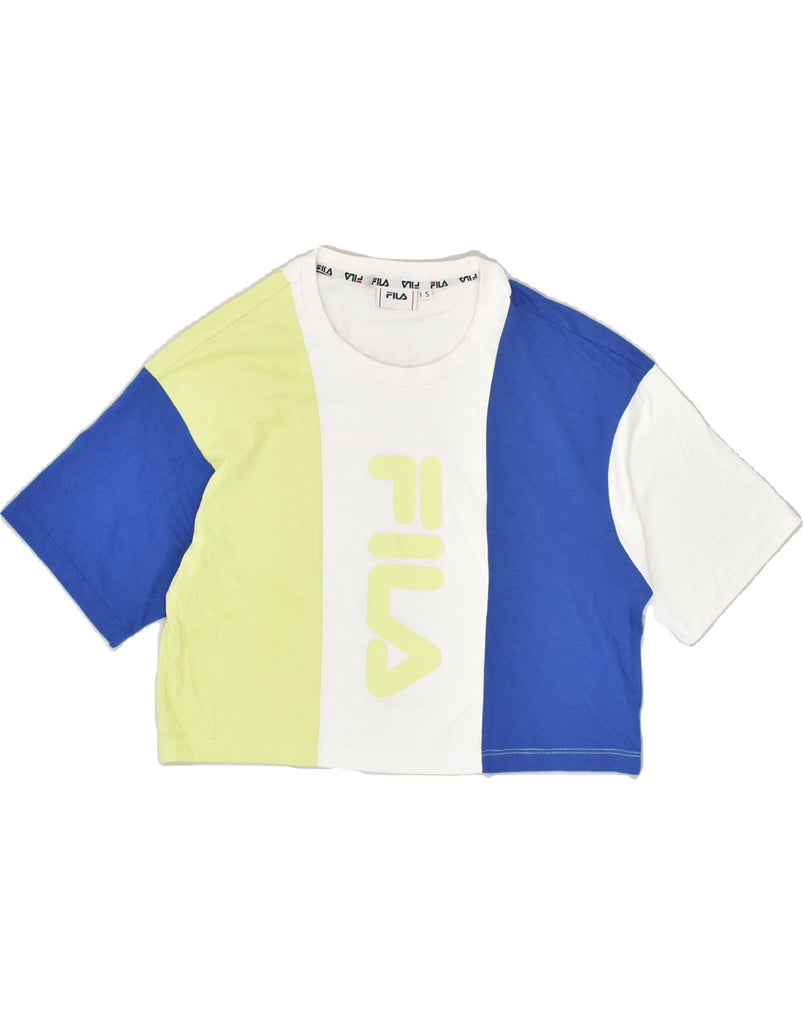 FILA Womens Crop Graphic T-Shirt Top UK 10 Small Multicoloured Colourblock | Vintage Fila | Thrift | Second-Hand Fila | Used Clothing | Messina Hembry 