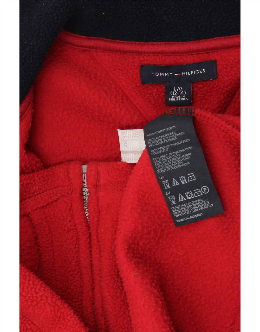 TOMMY HILFIGER Boys Graphic Fleece Jacket 12-13 Years Large Red Polyester Vintage Tommy Hilfiger and Second-Hand Tommy Hilfiger from Messina Hembry 