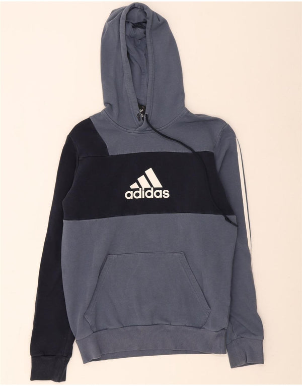 Adidas Mens Graphic Hoodie Jumper Small Blue Colourblock Cotton
