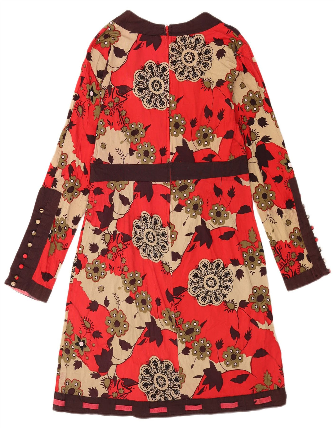 Vintage Womens Long Sleeve Basic Dress UK 12 Medium Red Floral Cotton