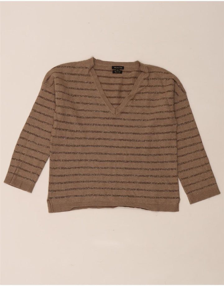 Massimo Dutti Womens V-Neck Jumper Sweater UK 10 Small Brown Striped
