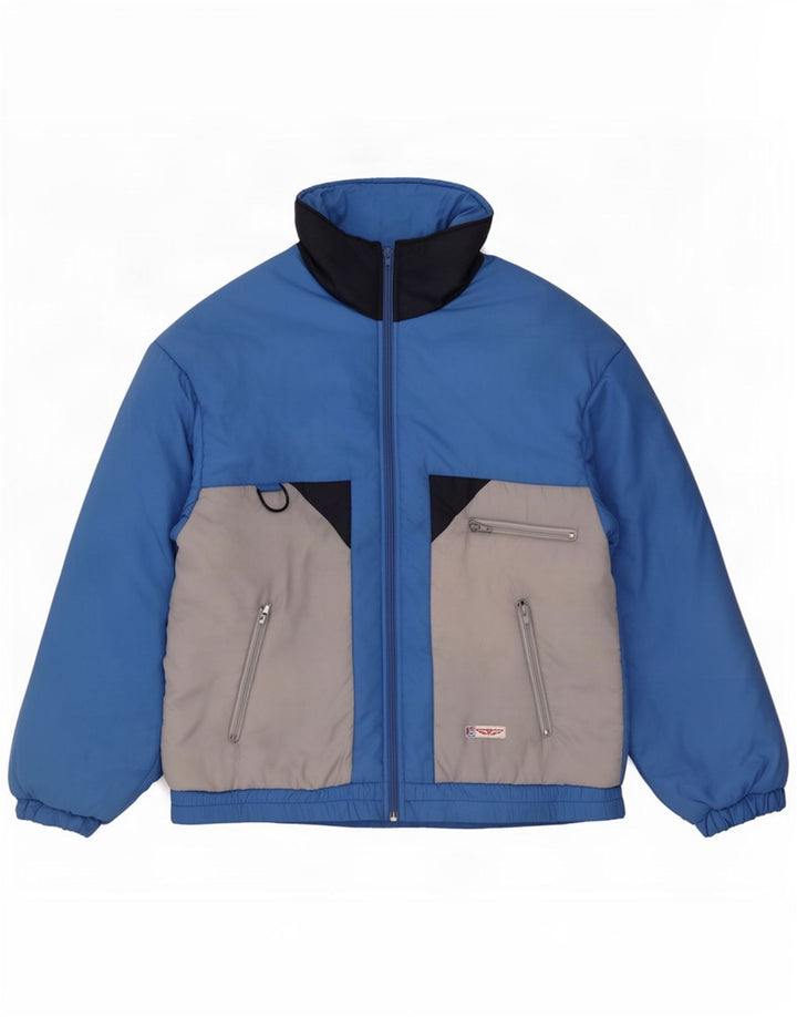 Vintage Mens Hooded Padded Jacket IT 50 Large Blue Colourblock