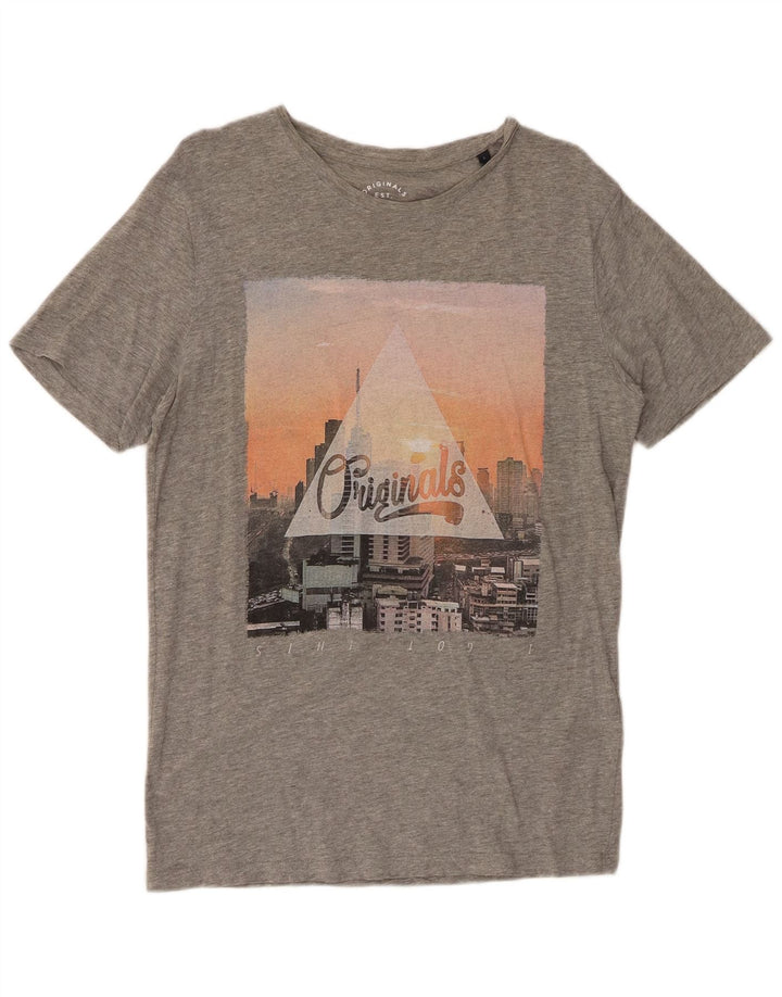 JACK & JONES Mens Graphic T-Shirt Top Large Grey Flecked Cotton