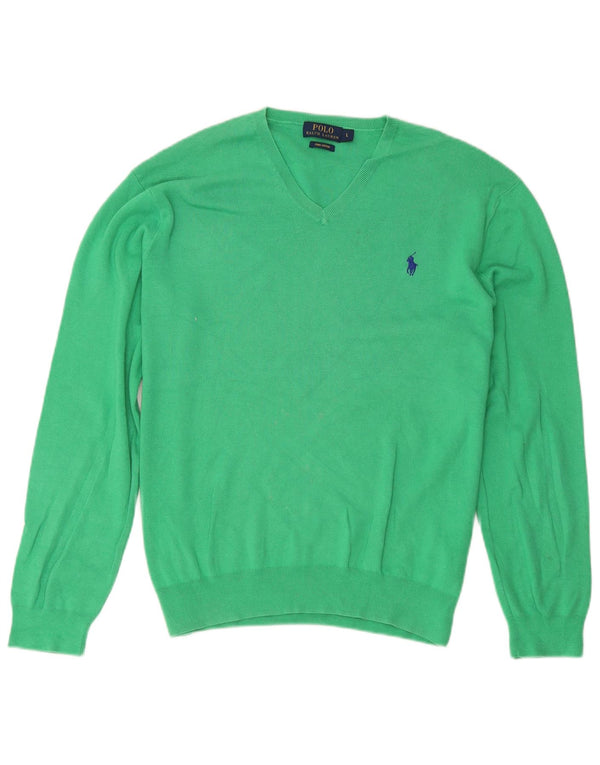 Polo Ralph Lauren Mens V-Neck Jumper Sweater Large Green Cotton