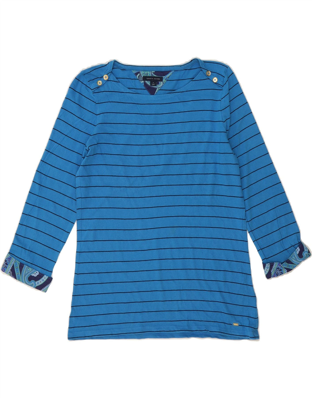 TOMMY HILFIGER Womens Top 3/4 Sleeve UK 12 Medium Blue Striped Cotton Vintage Tommy Hilfiger and Second-Hand Tommy Hilfiger from Messina Hembry 