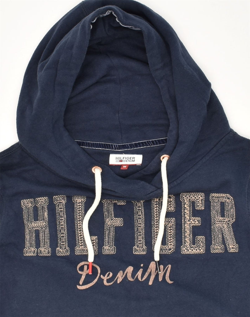 TOMMY HILFIGER Womens Graphic Hoodie Jumper UK 14 Medium Navy Blue Cotton | Vintage Tommy Hilfiger | Thrift | Second-Hand Tommy Hilfiger | Used Clothing | Messina Hembry 