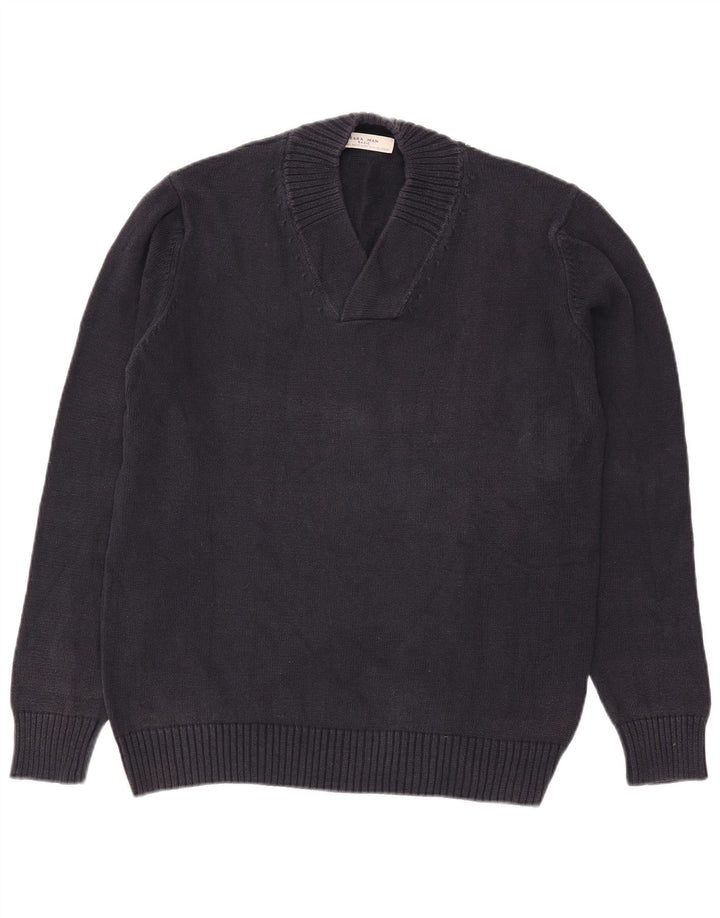 Zara Mens V-Neck Jumper Sweater Large Navy Blue