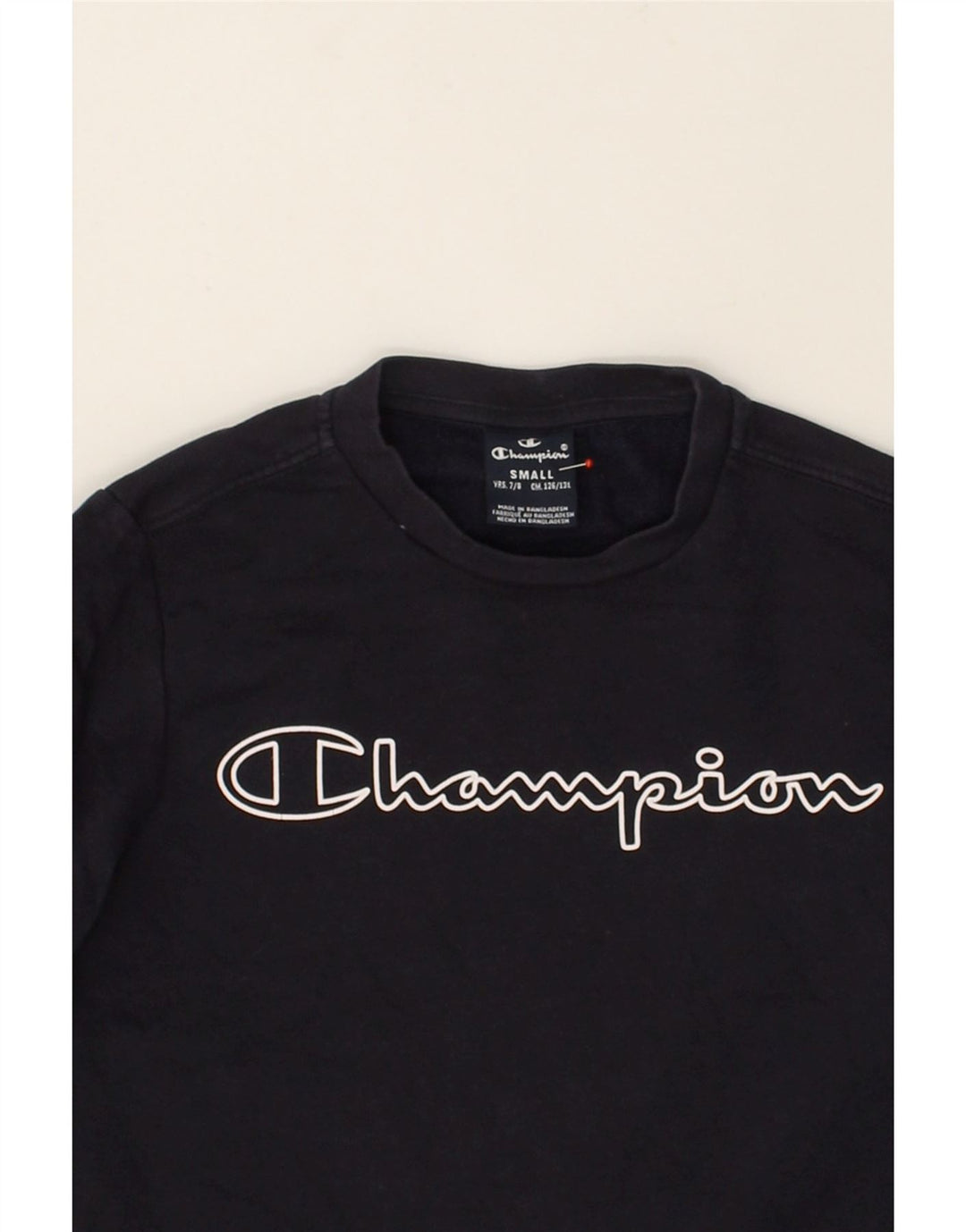 CHAMPION Boys Graphic Sweatshirt Jumper 7-8 Years Small Navy Blue Cotton | Vintage Champion | Thrift | Second-Hand Champion | Used Clothing | Messina Hembry 
