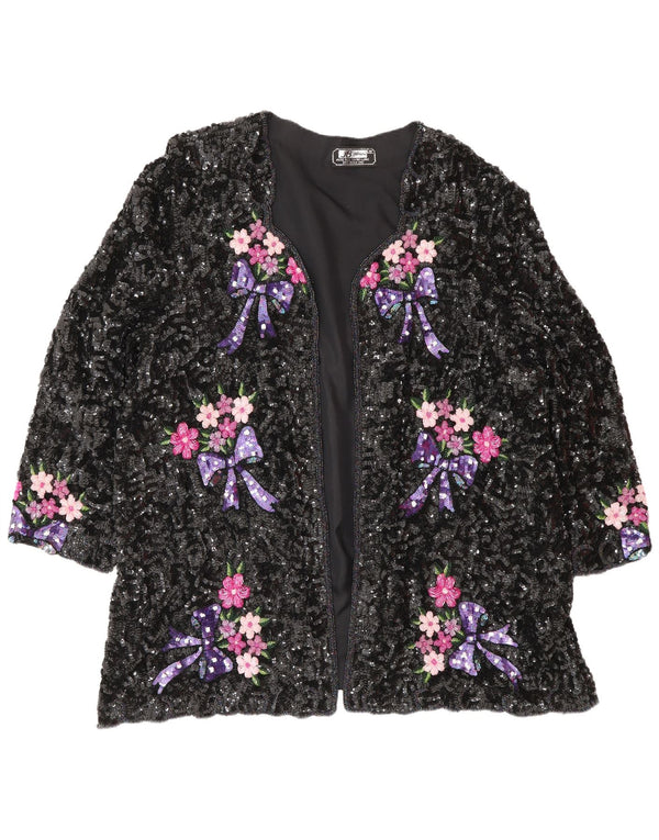 Vintage Womens Sequin Cardigan Top UK 24 4XL Black Floral Silk