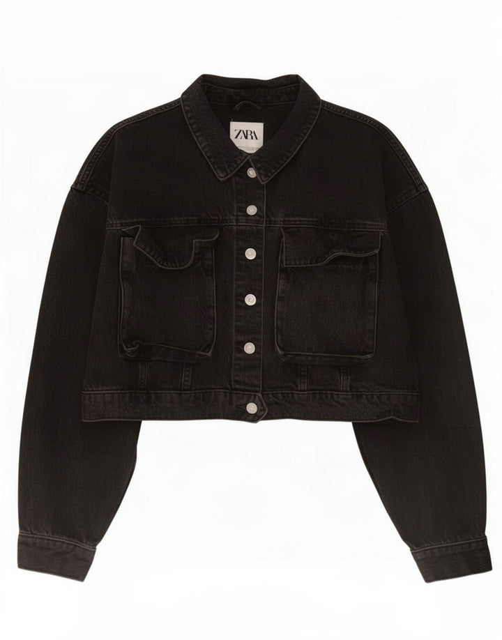 Zara Womens Crop Denim Jacket UK 16 Large Black Cotton