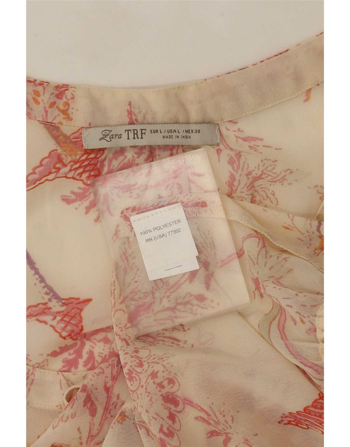 Zara Womens Short Sleeve Blouse Top UK 16 Large Beige Floral Polyester