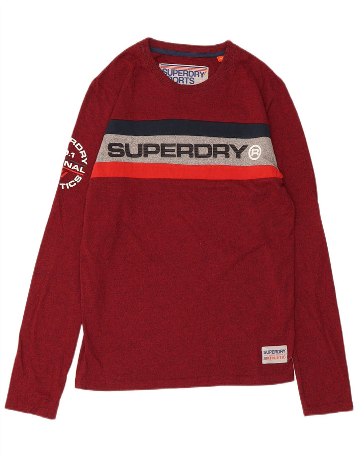SUPERDRY Mens Graphic Top Long Sleeve Small Maroon Flecked Cotton