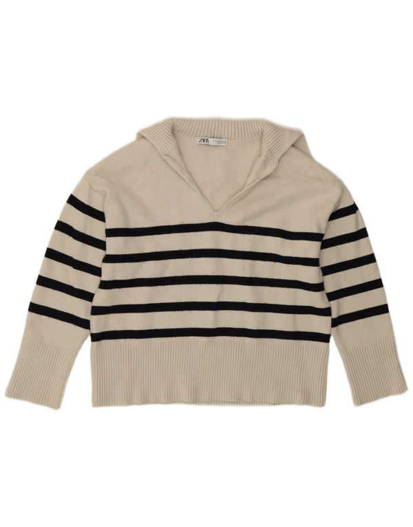 Zara Womens Oversized Polo Neck Jumper Sweater UK 10 Small White Striped