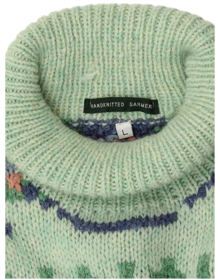 Vintage Womens Handmade Roll Neck Jumper Sweater UK 16 Large Green Aztec