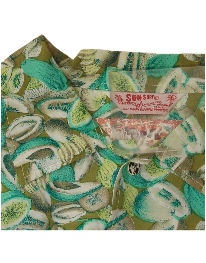 Vintage Mens Abstract Pattern Short Sleeve Shirt Medium Green Rayon