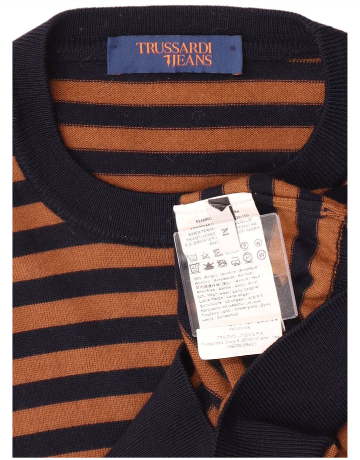 Trussardi Jeans Mens Crew Neck Jumper Sweater Medium Brown Striped Acrylic