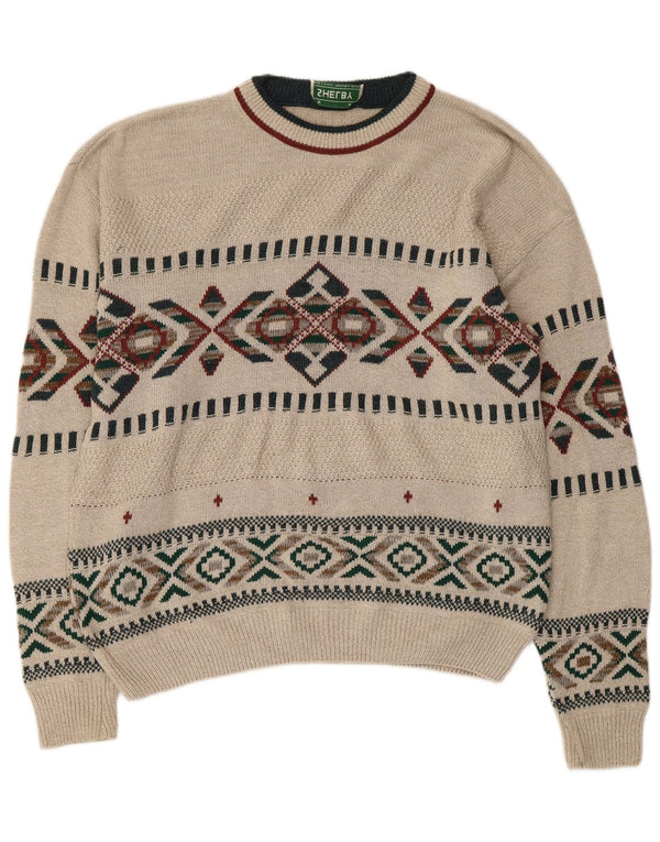 VINTAGE Mens Crew Neck Jumper Sweater Medium Beige Fair Isle