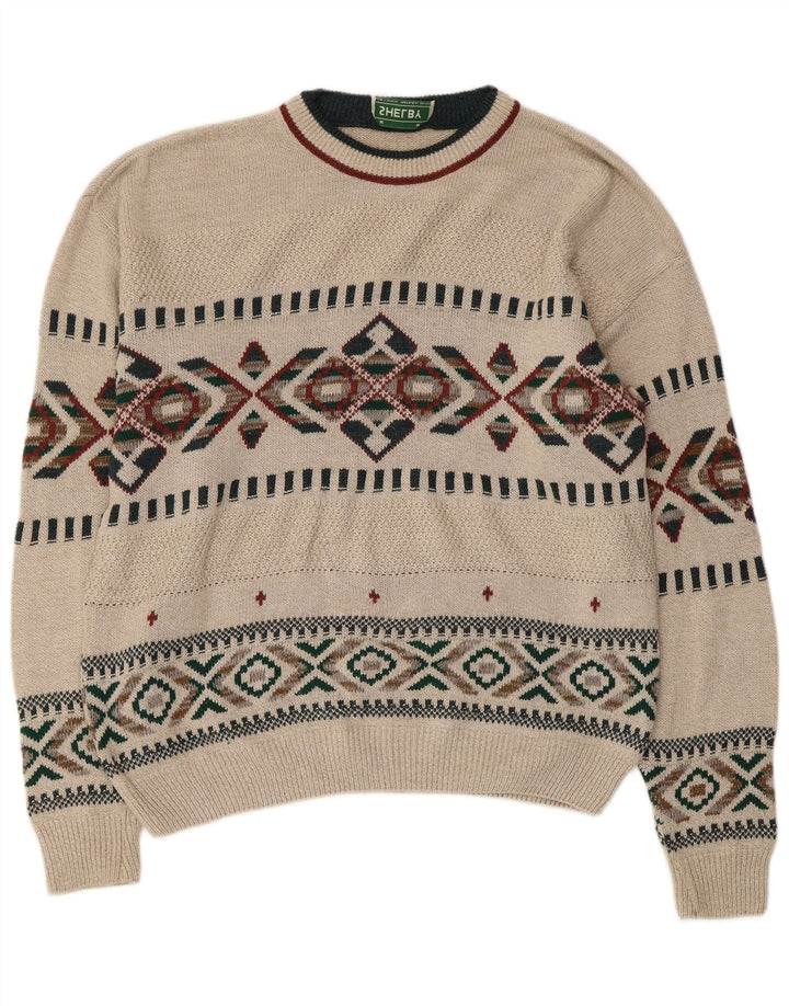 VINTAGE Mens Crew Neck Jumper Sweater Medium Beige Fair Isle