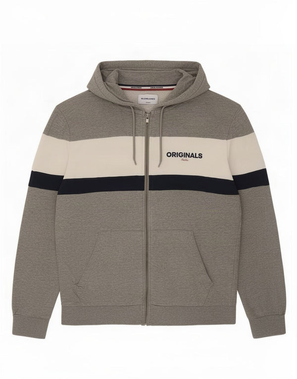 Jack & Jones Mens Zip Hoodie Sweater Large Grey Colourblock Cotton