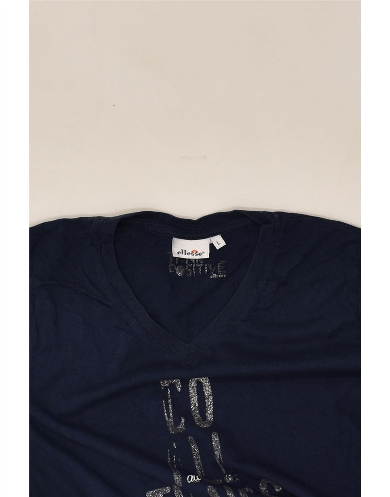 ELLESSE Womens Graphic T-Shirt Top UK 14 Large Navy Blue Cotton | Vintage Ellesse | Thrift | Second-Hand Ellesse | Used Clothing | Messina Hembry 