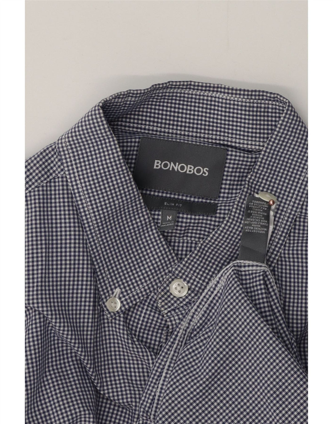 BONOBOS Mens Slim Fit Shirt Medium Navy Blue Gingham Cotton