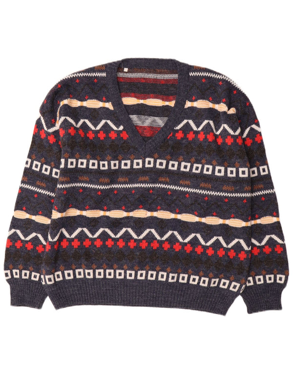 Vintage Mens V-Neck Jumper Sweater XL Navy Blue Geometric Wool