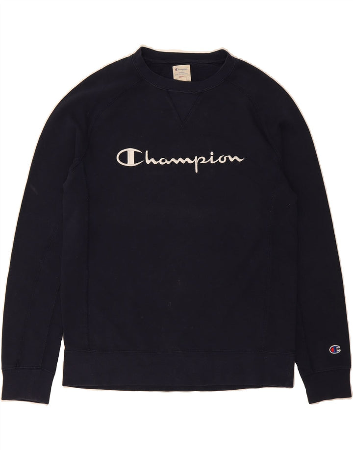 CHAMPION Mens Graphic Sweatshirt Jumper Small Navy Blue Cotton Vintage Champion and Second-Hand Champion from Messina Hembry 