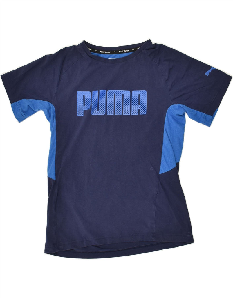 PUMA Boys Graphic T-Shirt Top 13-14 Years Navy Blue Colourblock Cotton | Vintage Puma | Thrift | Second-Hand Puma | Used Clothing | Messina Hembry 