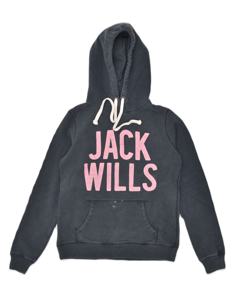 JACK WILLS Womens Graphic Hoodie Jumper UK 10 Small Navy Blue Cotton | Vintage Jack Wills | Thrift | Second-Hand Jack Wills | Used Clothing | Messina Hembry 