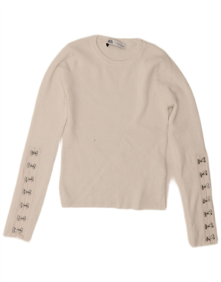 Zara Womens Crop Crew Neck Jumper Sweater UK 12 Medium White Viscose