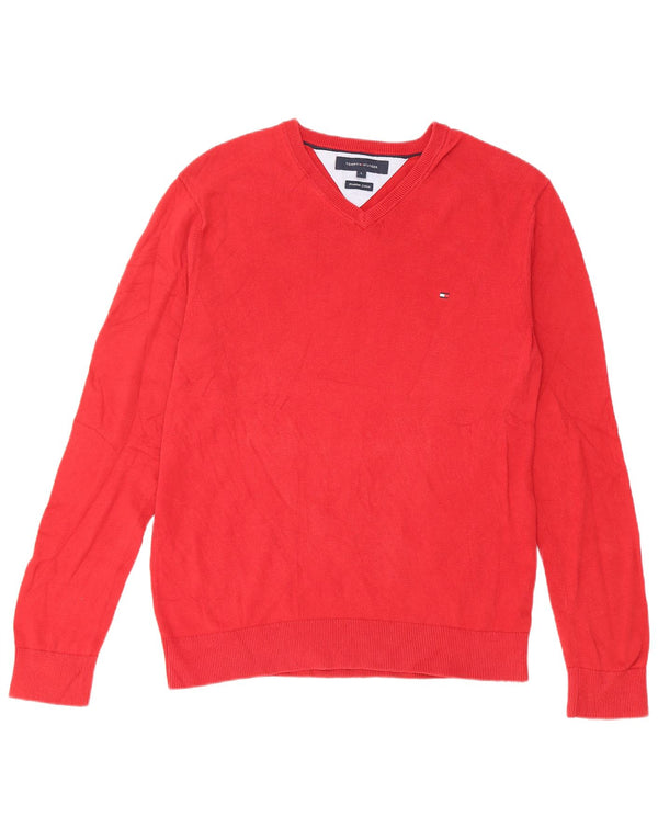 Tommy Hilfiger Mens V-Neck Jumper Sweater Large Red Cotton