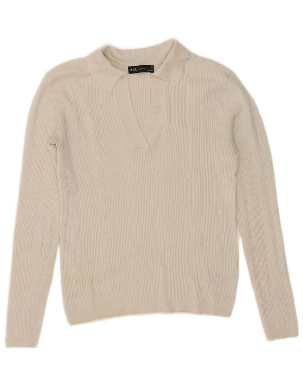 Marks & Spencer Womens Long Sleeve Polo Shirt UK 10 Small  White Viscose
